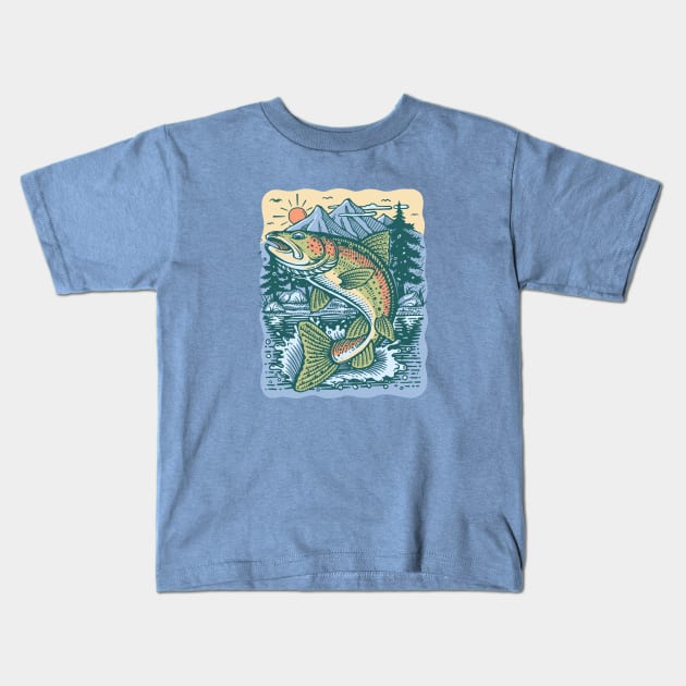 Jumping Trout At Sunrise Kids T-Shirt by Dima Kruk